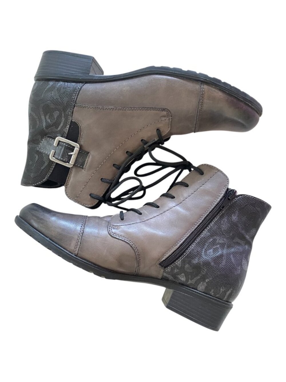 Remonte Gray   and Black Leather Ankle Boots Floral Heel SZ 39/US 8.5